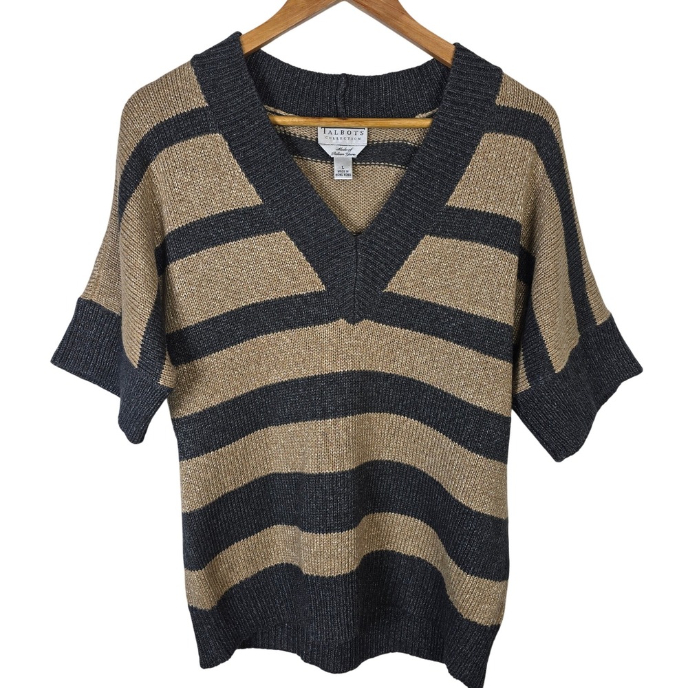VTG Talbots Collection Women Sweater Sz L Beige Charcoal Striped V Neck Knit Top